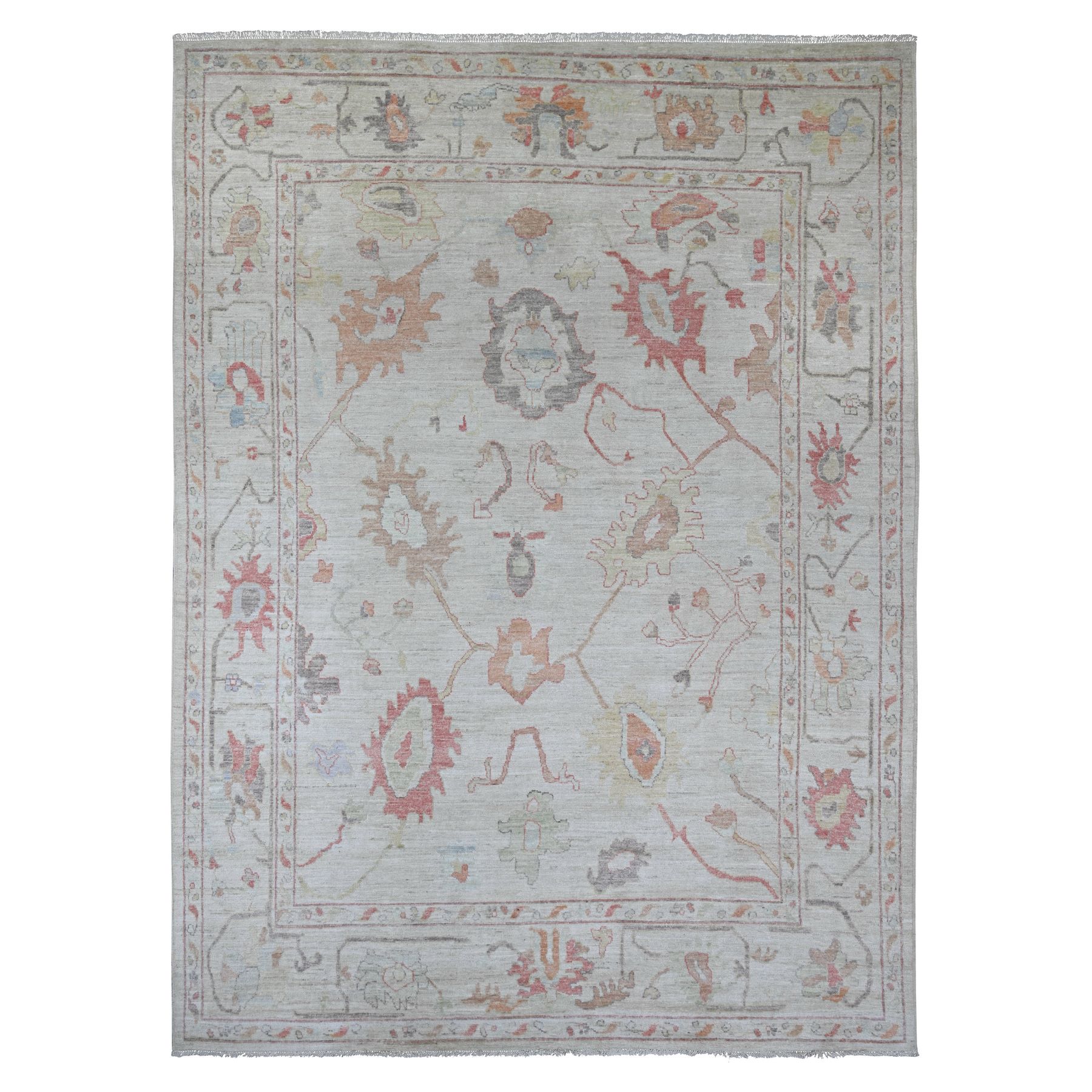 Linen White, Afghan Angora Oushak with Colorful Leaf Design, Hand Knotted, 100% Wool, Vegetable Dyes, Oriental Rug